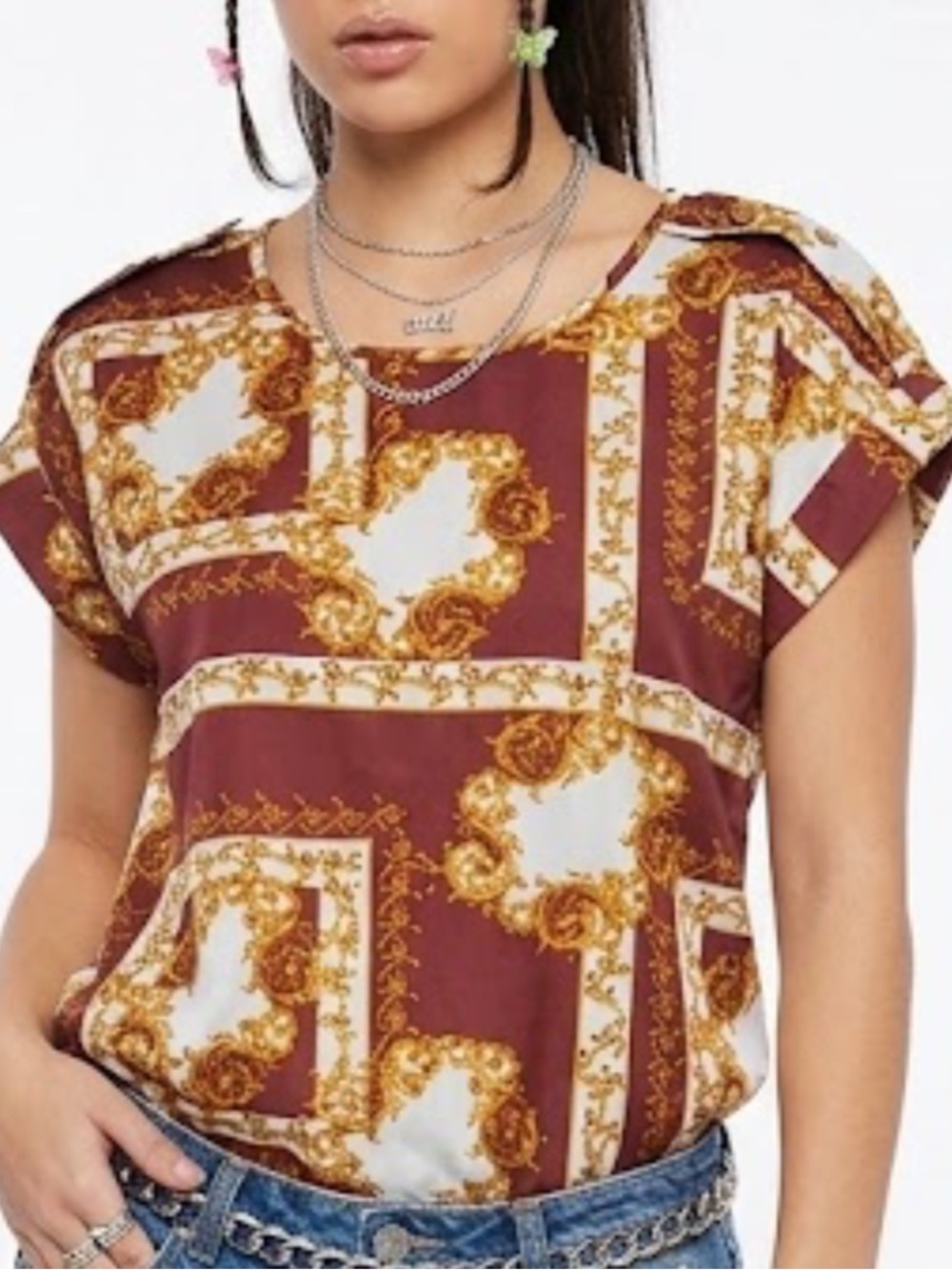 Vintage Speed Limit NY Baroque Chain Print Blouse Medium Burgundy Gold Scarf Top